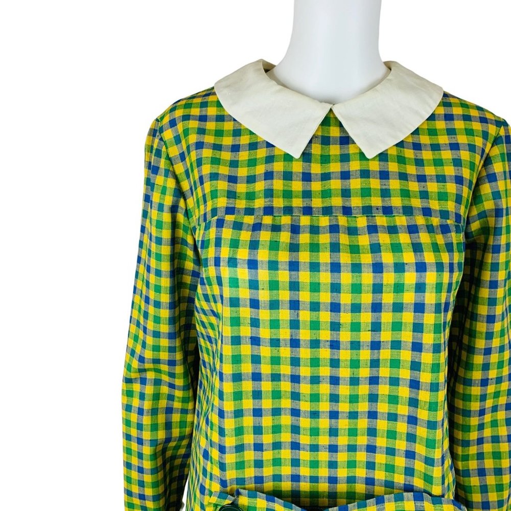 Vintage 1960s Checkered Dress Blue Green Schoolgirl Peter Pan Collar Sears - Picture 11 of 11